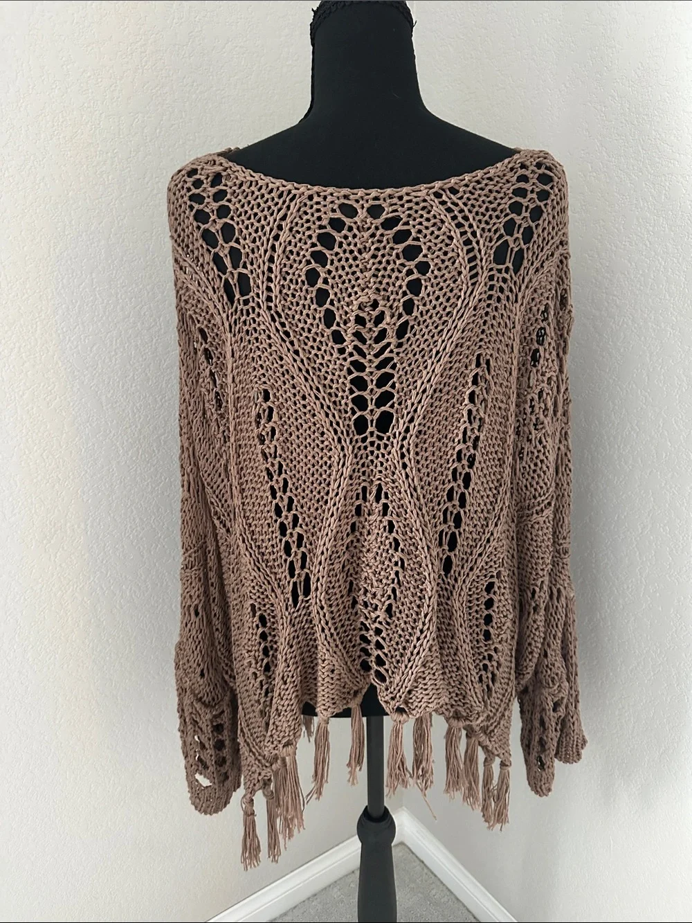 Fringed Open-Knit Poncho Shrug in Taupe
